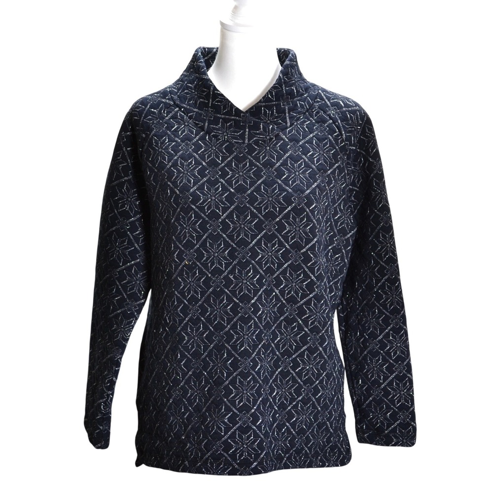 T by Talbots Quilted Snowflake Pullover Women M Navy Blue Silver Metallic Funnel
